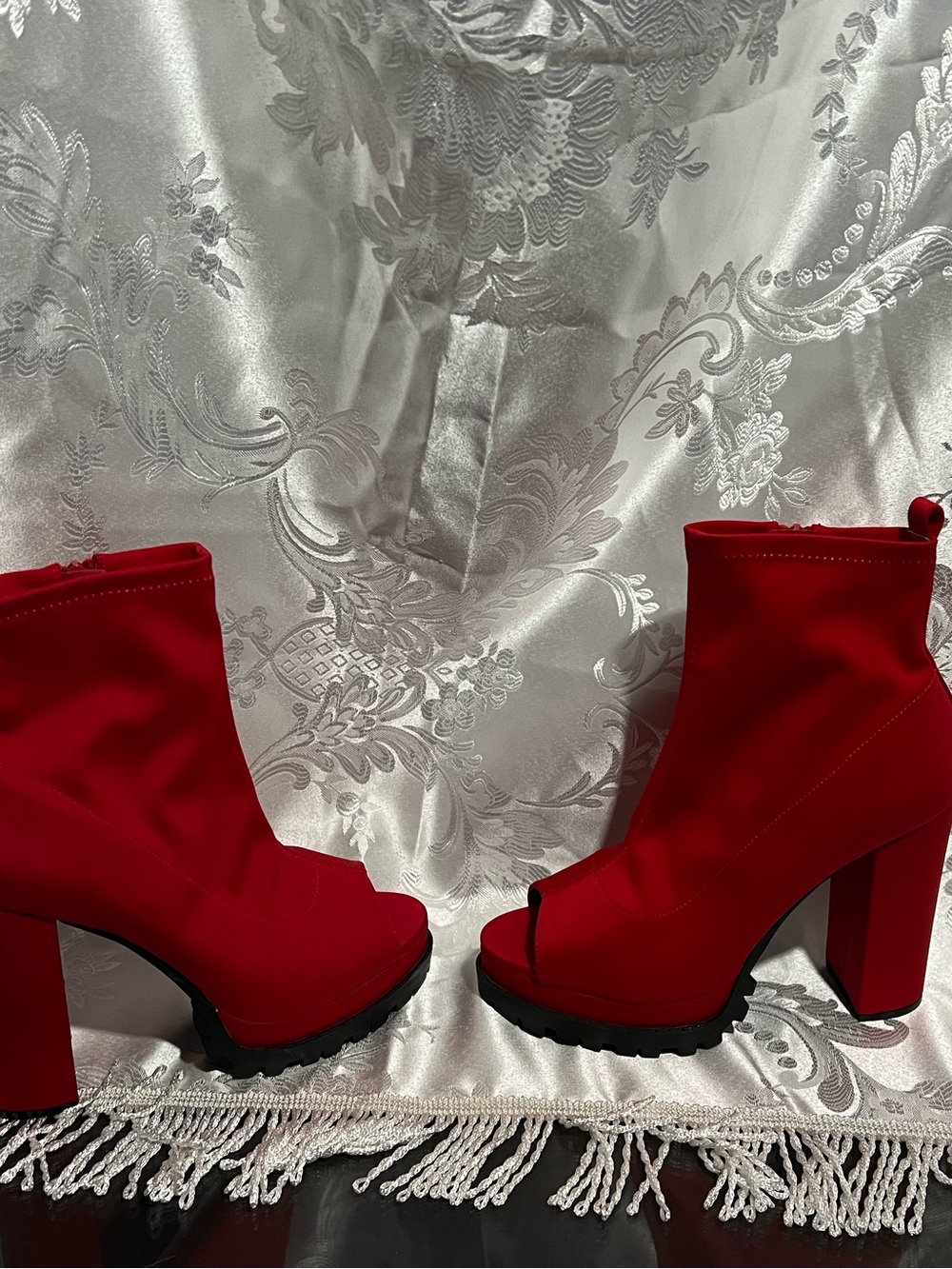 Liliana Red Peep-Toe Chunky Heel Ankle Boots
